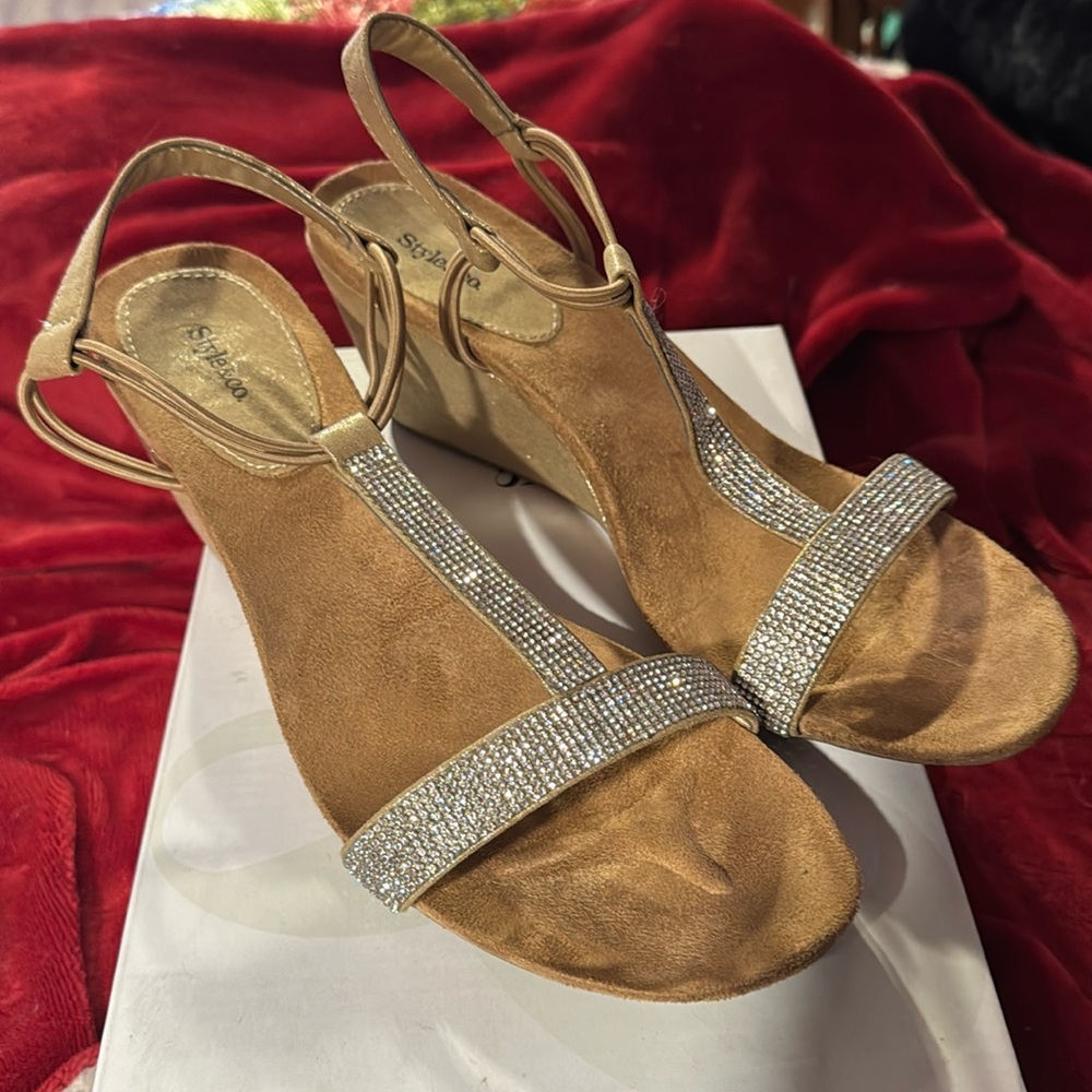 Style & Co. women’s size 9 1/2 bling silver and tan wedge sandals